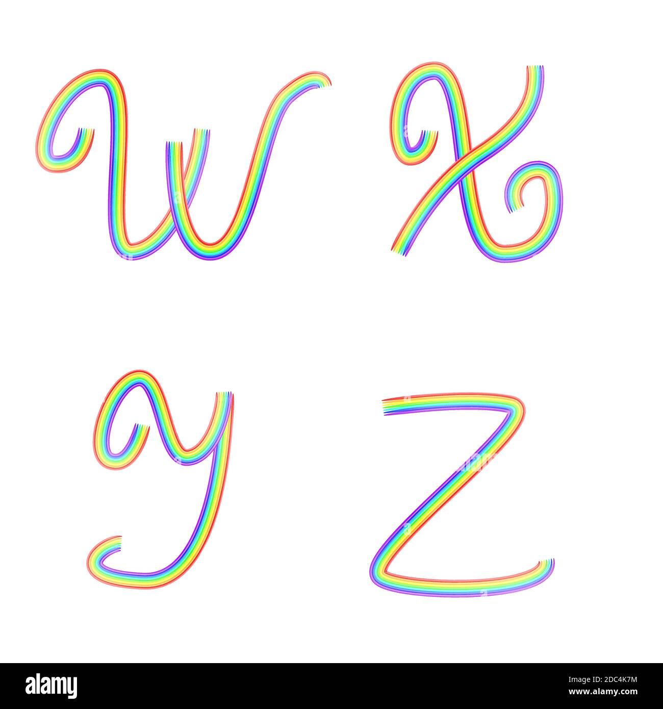 Ensemble de lettres de l'alphabet latin arc-en-ciel W, X, y, Z. police vectorielle artistique isolée sur blanc. Éléments de conception. Illustration de Vecteur