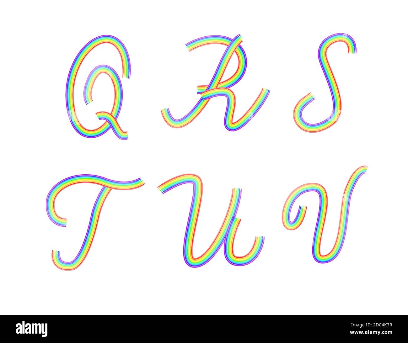 Jeu de lettres de l'alphabet latin arc-en-ciel Q, R, S, T, U, V. police vectorielle artistique isolée sur blanc. Éléments de conception. Illustration de Vecteur