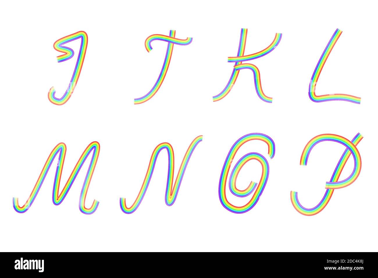 Jeu de lettres de l'alphabet latin arc-en-ciel I, J, K, L, M, N, O, P. police vectorielle artistique isolée sur blanc. Éléments de conception. Illustration de Vecteur