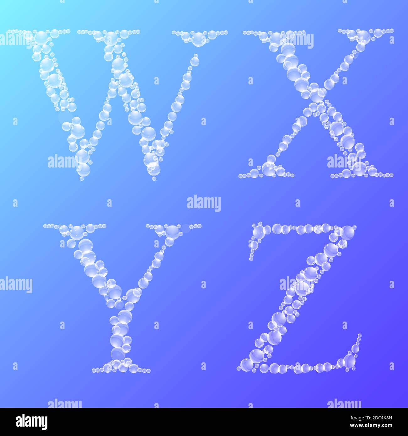 Jeu de gouttes d'eau lettres de l'alphabet latin W, X, y, Z. police vectorielle artistique sur fond dégradé. Illustration de Vecteur