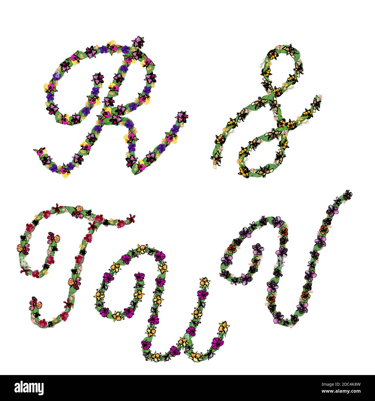 Ensemble d'éléments floraux lettres de l'alphabet R, S, T, U, V, fait avec des feuilles et des fleurs d'orchidées. Police vectorielle artistique isolée sur blanc. Illustration de Vecteur