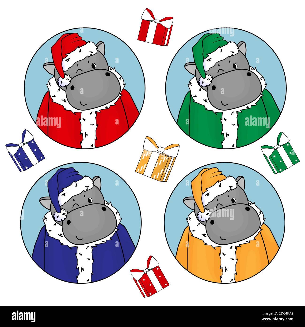 Ensemble de jolies hippos en costume du Père Noël dans les couleurs rouge, vert, bleu et jaune. Éléments de fourrure, de chapeau et de cadeaux Illustration de Vecteur