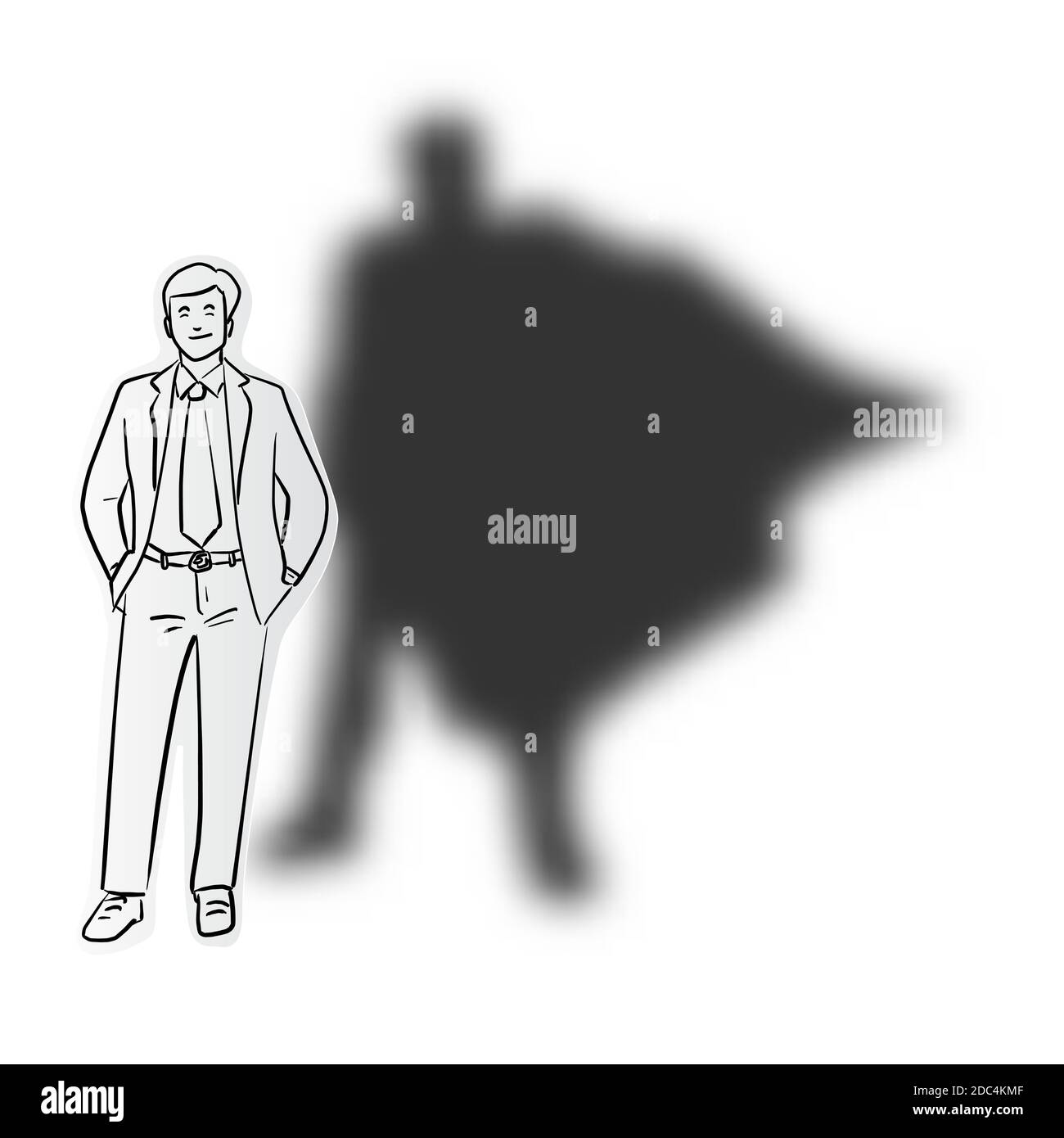 ligne noire dessinée à la main d'un homme d'affaires avec une cape super-héros sur papier coupé et ombre isolée sur fond blanc Illustration de Vecteur