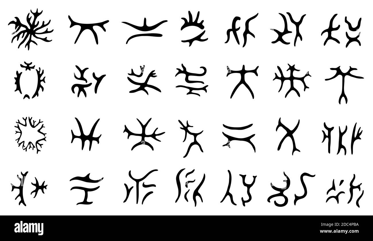 Ensemble de glyphes de lichen dessinés à la main , symboles magiques anciens pour la divination, symboles occultes, sur blanc. Illustration vectorielle. Illustration de Vecteur