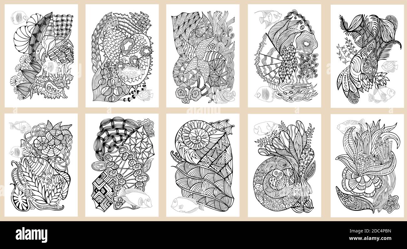 Ensemble de pages dessinées à la main en style zendoodle pour livre de coloriage pour adultes. Motifs marins et floraux abstraits avec poissons de corail, coquillages et algues. Eleme Illustration de Vecteur