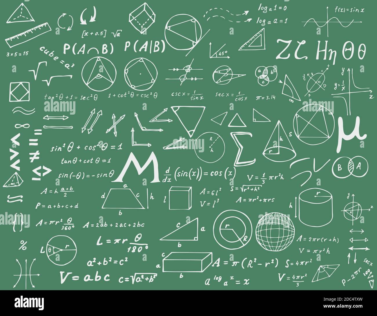 Ensemble de formules mathématiques dessinées à la main et de signes ...