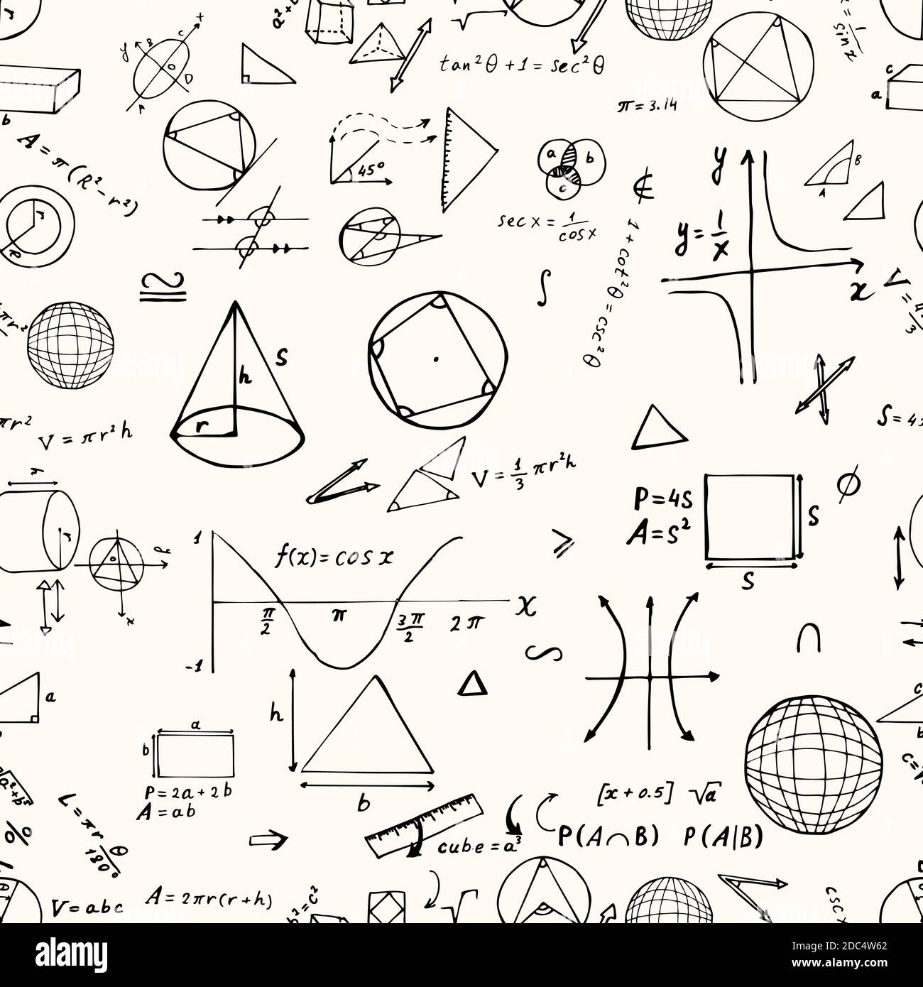 Motif sans couture, formules mathématiques dessinées à la main et signes isolés sur fond blanc. Éducation vectorielle et illustration scientifique. Illustration de Vecteur