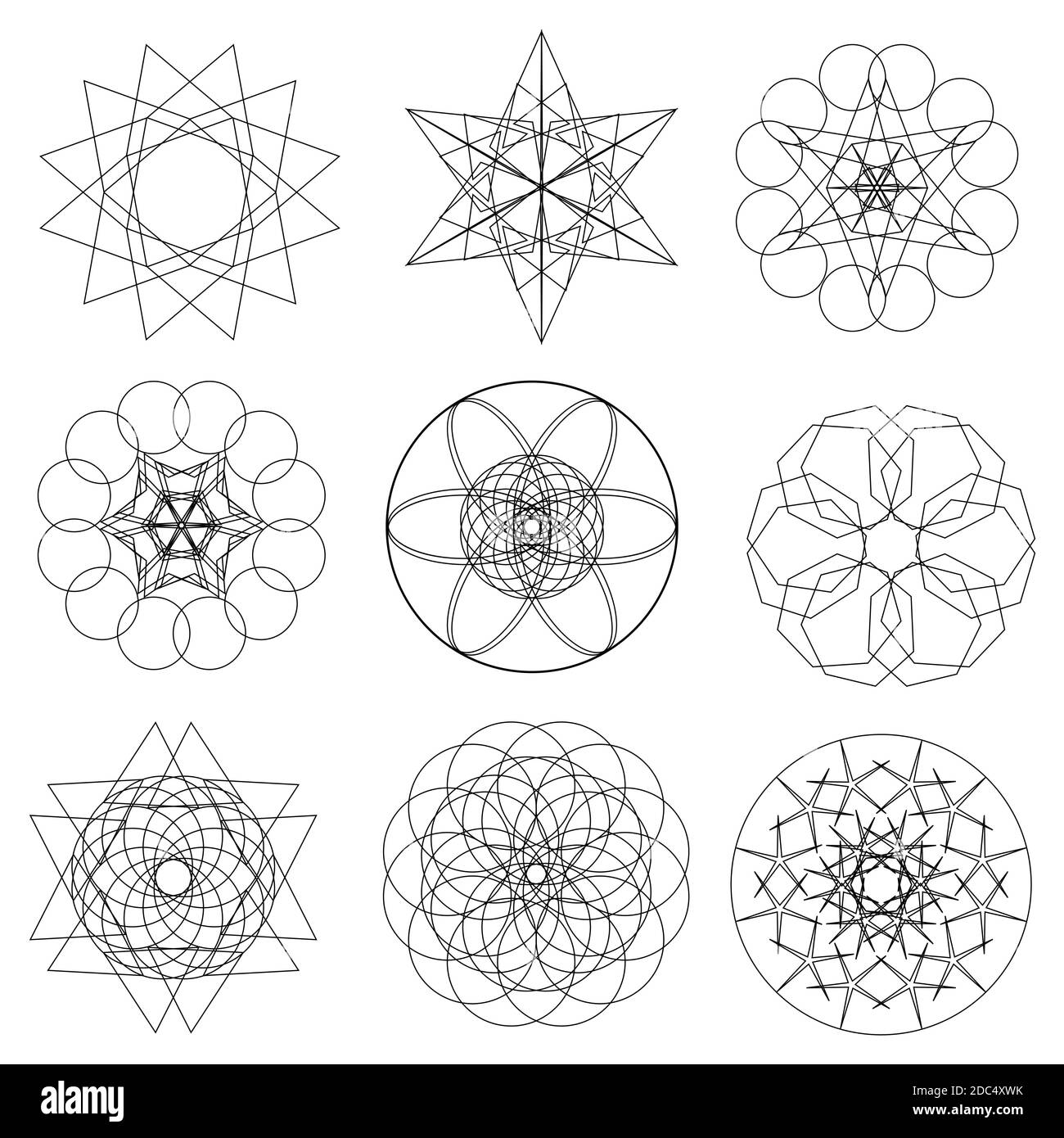 Ensemble d'éléments géométriques abstraits et de formes sur fond blanc. Géométrie sacrée, symboles ésotériques. À utiliser pour les billets de banque, les devises, les logos ou les Mo Illustration de Vecteur