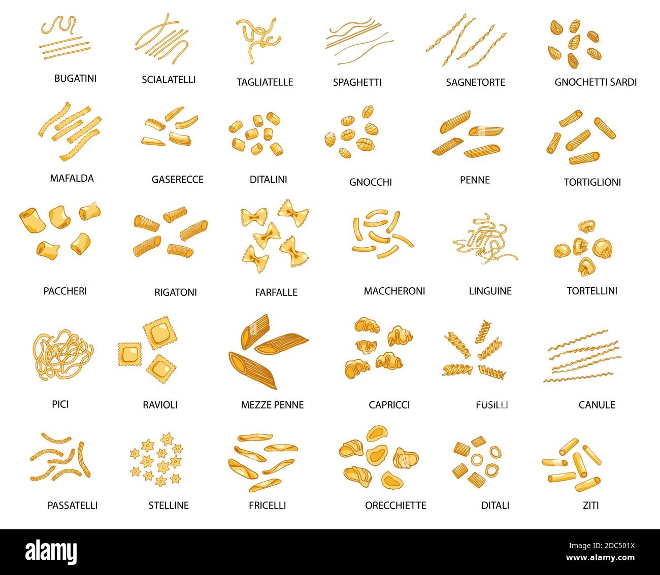 Grand ensemble de pâtes italiennes dessinées à la main avec des noms  différents. Illustration vectorielle. Isolé sur blanc, coloré Image  Vectorielle Stock - Alamy