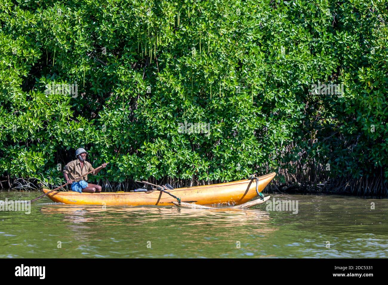 Un pêcheur dans un canot en saillie passe devant des mangroves sur le lagon de Pottuvil sur la côte est du Sri Lanka. Banque D'Images