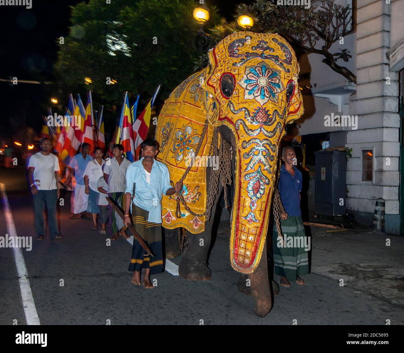 Un éléphant de cérémonie se pare devant les disciples bouddhistes dans une rue à Kandy, Sri Lanka à 4 heures du matin pendant un petit perahera. Banque D'Images