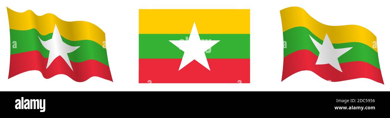 drapeau de la république du myanmar en position statique et en mouvement, flottant dans le vent dans des couleurs et des tailles exactes, sur fond blanc Illustration de Vecteur