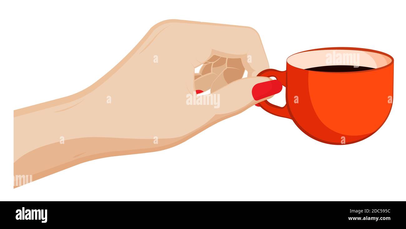 la main femelle tient délicatement une tasse en céramique avec du thé et du café. Une femme boit du thé dans une tasse. Boisson réchauffante en hiver. Vecteur de dessin animé Illustration de Vecteur