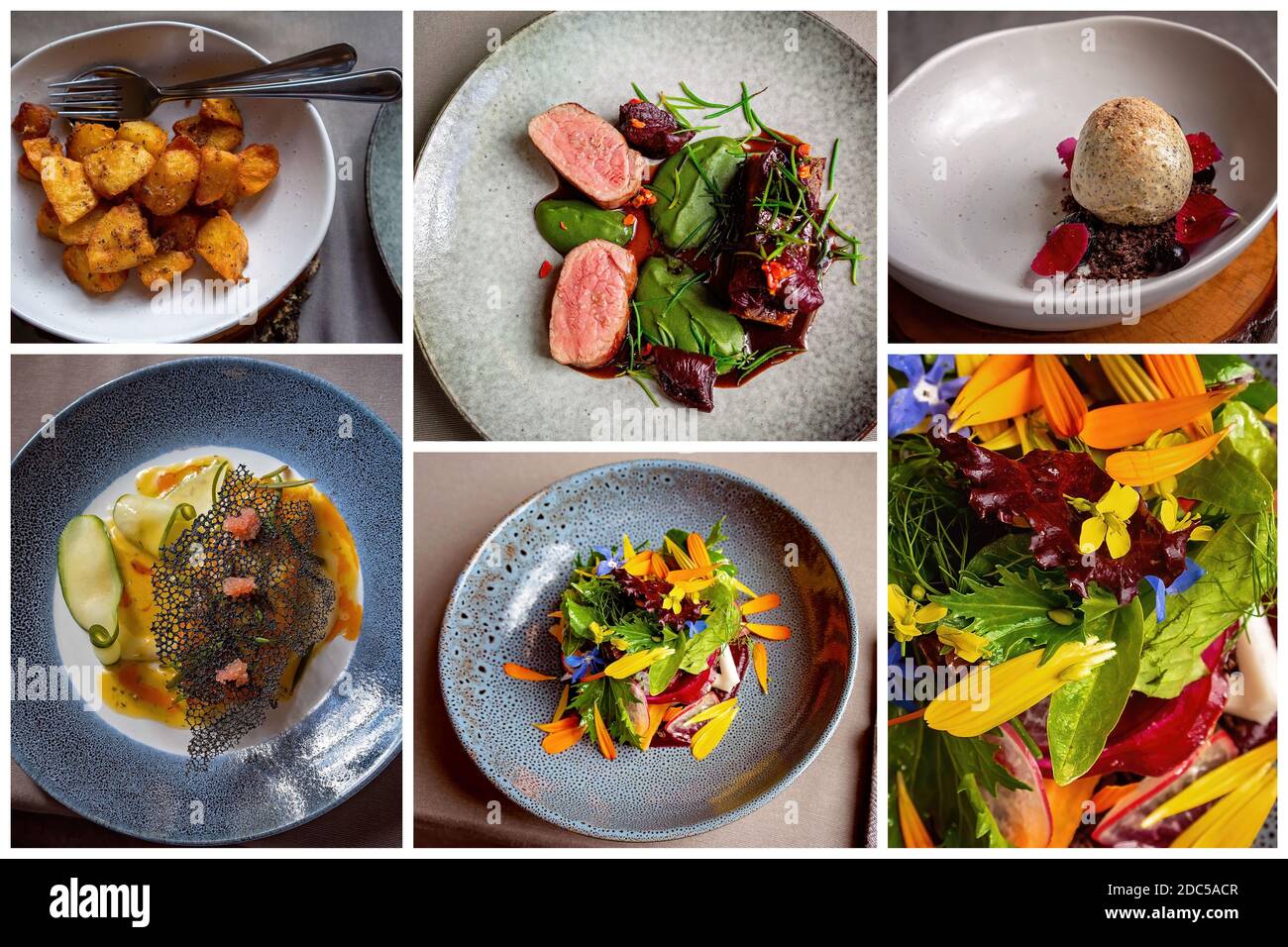 Collage de plats de brousse locaux comprenant des plats principaux, des desserts, de la bière et du vin Banque D'Images