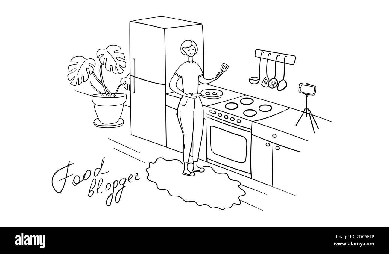 Blogueur de nourriture préparer la nourriture dans la cuisine en direct. Vidéo des didacticiels de cuisinier en ligne. Femme partage des recettes avec des suiveurs. Une femme influenceur filme la leçon sur le camérier Illustration de Vecteur