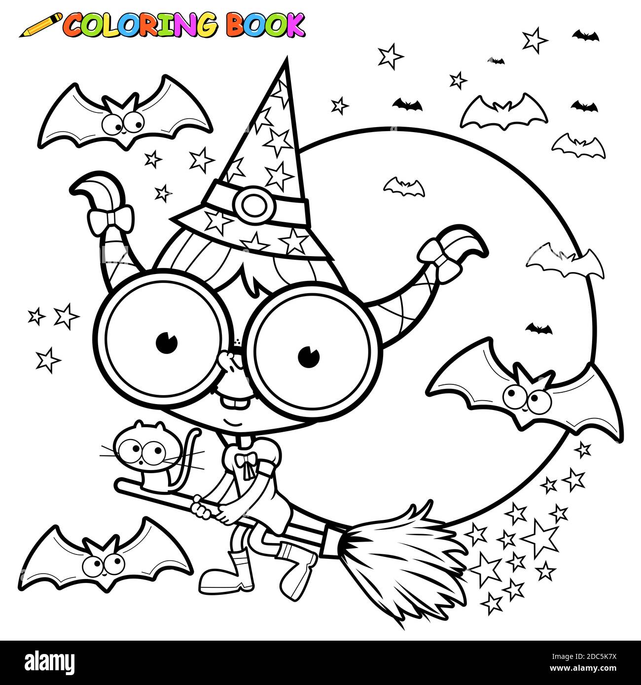 Dessin animé sorcière Halloween volant avec un balai magique et un chat noir dans le ciel nocturne. Coloriage noir et blanc. Banque D'Images