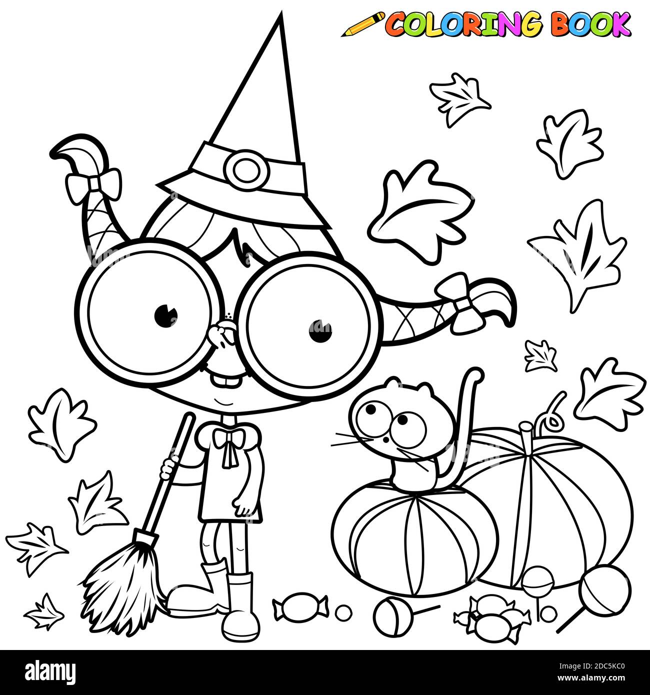 Sorcière de dessin animé et son chat balayant les feuilles de citrouille avec son balai la nuit d'Halloween. Enfant en costume d'Halloween de sorcière célébrant un truc ou une friandise. Banque D'Images