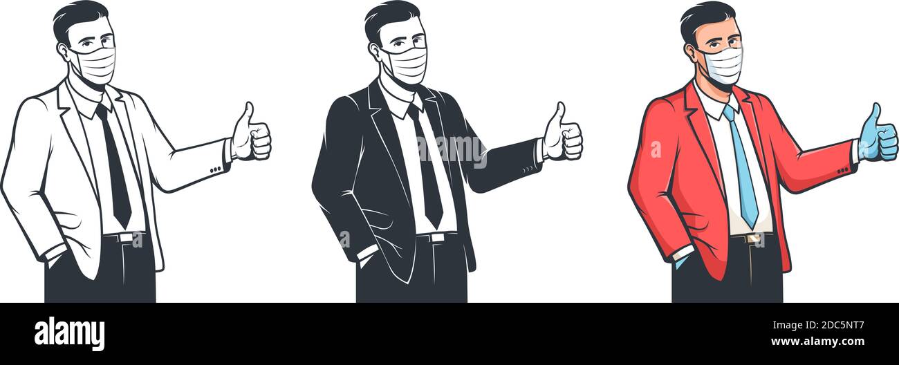 Nouvelle normale. Hommes en masque et gants pouces vers le haut Illustration de Vecteur