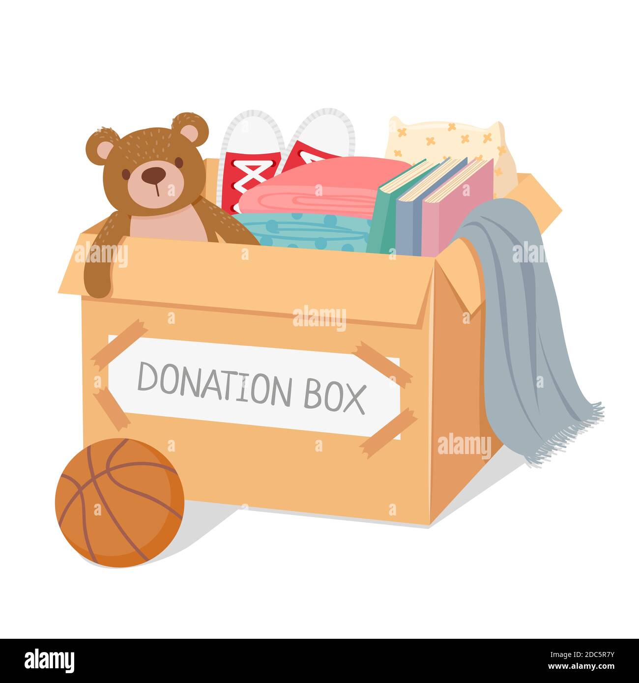 Boîte de dons. Une charité pour les enfants pauvres et les sans-abri. Boîte remplie de jouets, de livres et de vêtements. Concept de vecteur de soins sociaux et de générosité Illustration de Vecteur