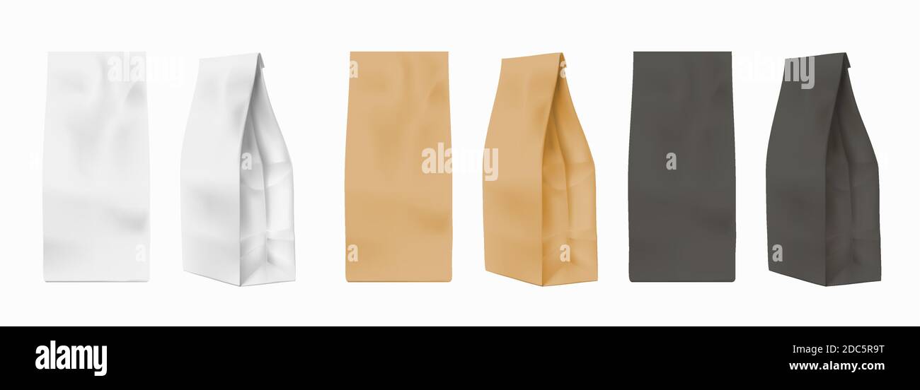 Maquette de sac en papier. Emballages blancs, noirs et bruns réalistes pour la farine, les biscuits ou le thé. Pochette à café, vue frontale et profil, ensemble vectoriel Illustration de Vecteur