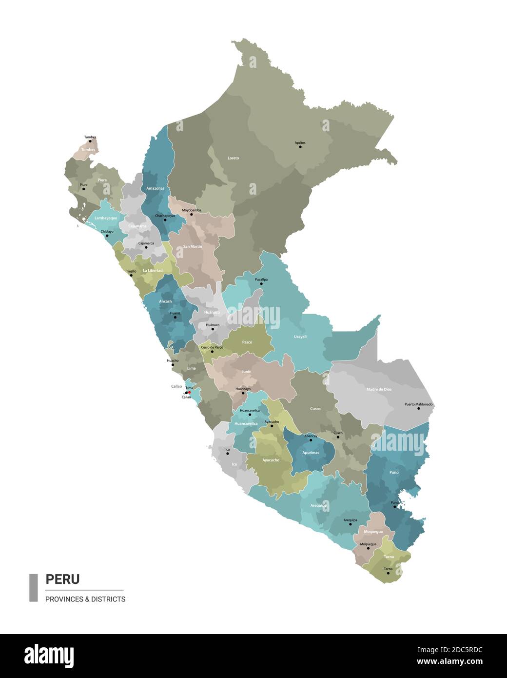 Carte détaillée du higt du Pérou avec subdivisions. Carte administrative du Pérou avec le nom des districts et des villes, colorée par les États et les districts administratifs. Illustration de Vecteur