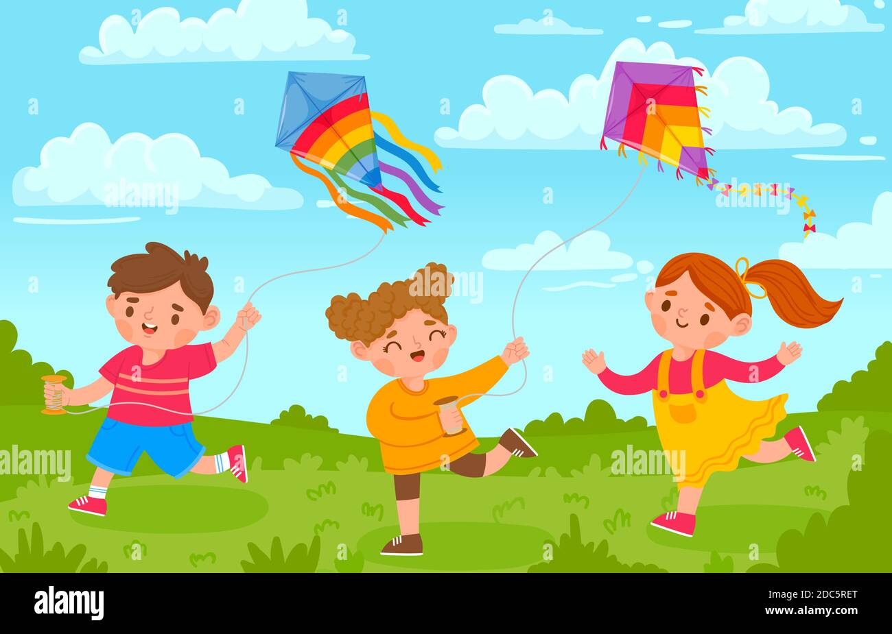 Enfants avec cerfs-volants. Garçon et fille à l'extérieur jouant avec le jouet volant dans le parc. Dessin animé enfants et cerf-volant dans le ciel du vent. Concept de vecteur d'activité d'été Illustration de Vecteur