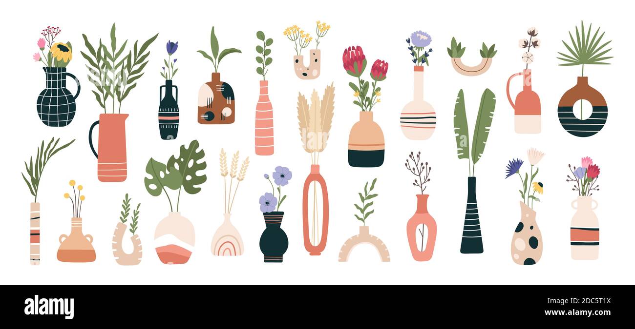 Vases floraux. Fleurs printanières en fleurs, feuilles tropicales et herbes dans des cruches et des théières. Ensemble de fleurs de soleil, d'aster et de protea Illustration de Vecteur Vases floraux. Fleurs printanières en fleurs, feuilles tropicales et herbes dans des cruches et des théières. Ensemble de fleurs de soleil, d'aster et de protea Illustration de Vecteur