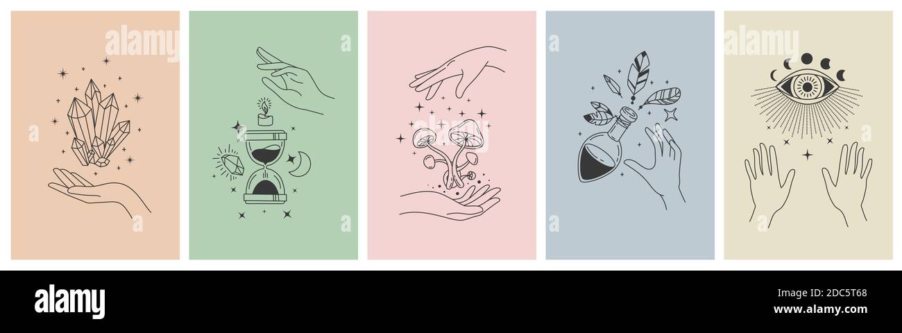 Mains mystiques. Lune ésotérique minimaliste, cristaux, symboles sablier pour l'imprimé tatouage. Main d'astrologie de boho. Concept de vecteur d'application Mystic Illustration de Vecteur