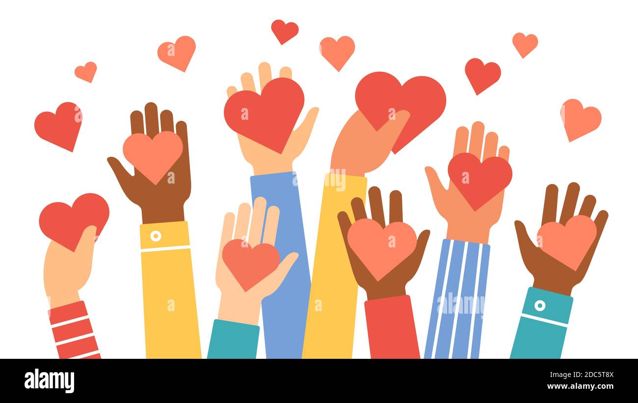 Les mains donnent des coeurs. La charité, le bénévolat et le symbole de l'aide communautaire à la main donnent du cœur. Les gens partagent l'amour. Concept de vecteur de jour de Saint-Valentin Illustration de Vecteur