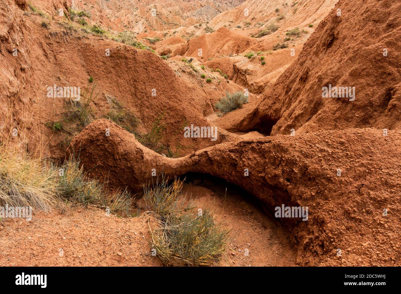 Canyon de conte de fées au lac Issyk kul au Kirghizistan avec collines et montagnes rouges Banque D'Images