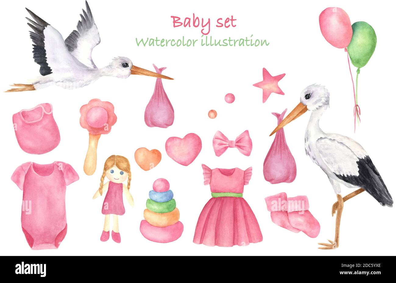 Un ensemble d'éléments de fille de nouveau-né, objet isolé sur le fond blanc. Aquarelle illustration dessinée à la main de cigognes, de vêtements pour bébés et de jouets. Rose CO Banque D'Images