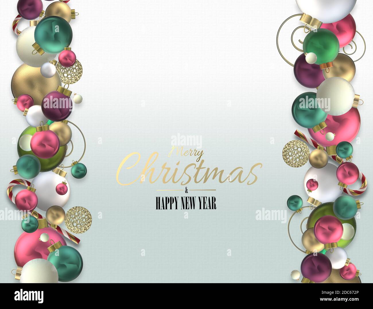 Bordure de Noël avec boules en 3D. Bordure 3D réaliste de boules brillantes or rouge vert sur fond blanc. Rendu 3D. Texte doré Joyeux Noël Bonne Année. Invitation pour des vacances festives Banque D'Images