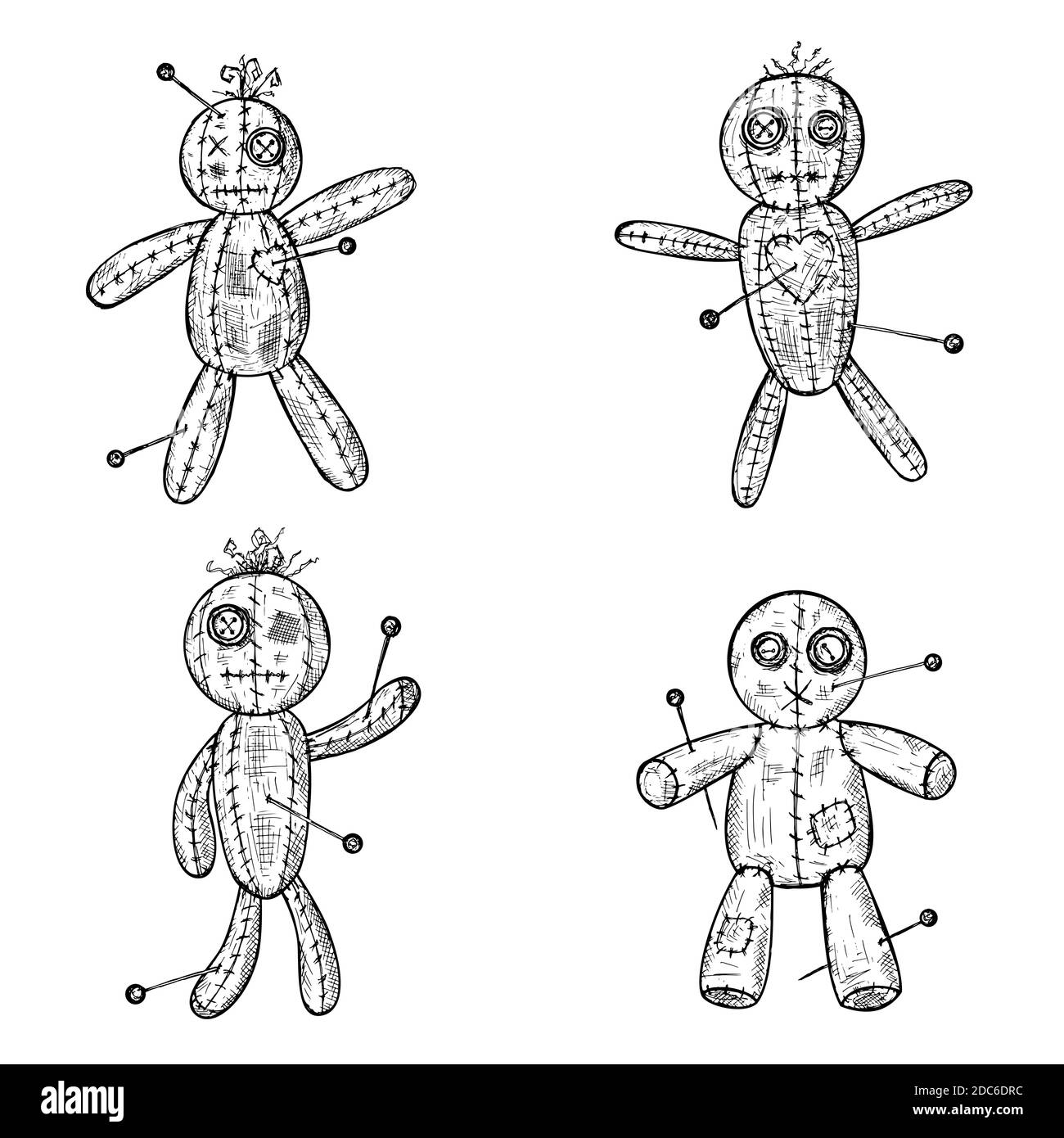 Ensemble de poupées voodoo dessinées à la main. Illustrations vectorielles. Objets isolés sur fond blanc. Illustration de Vecteur