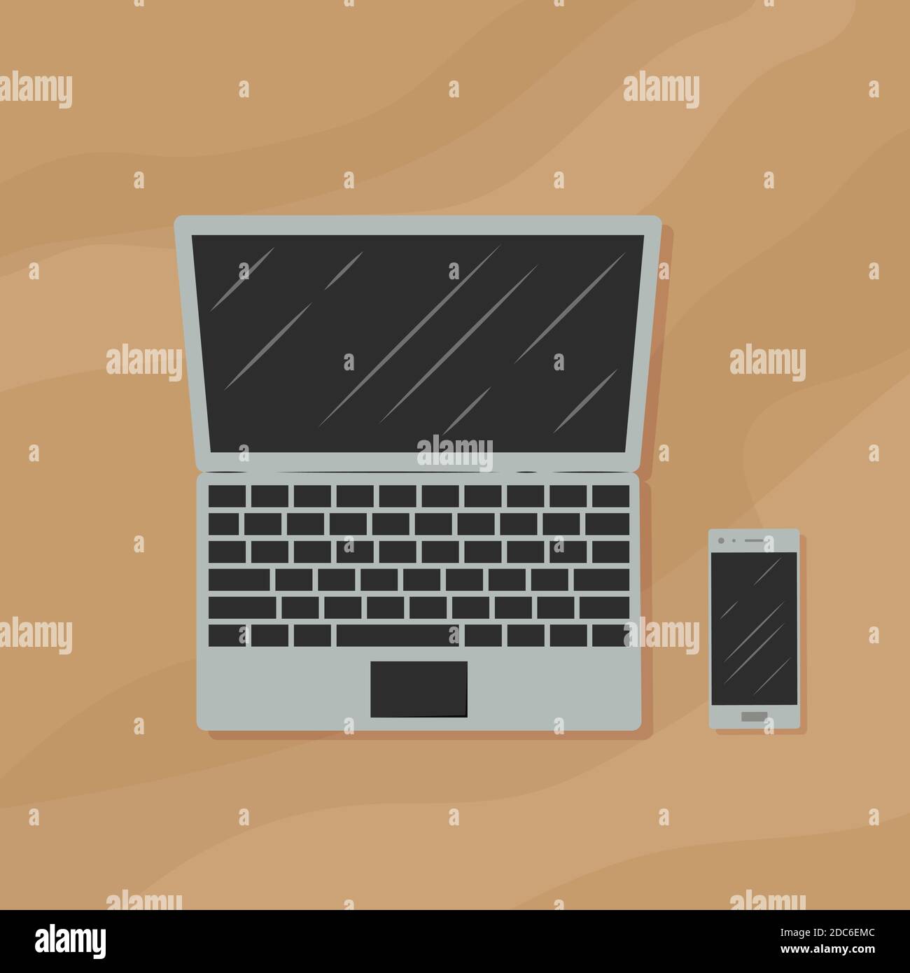 Ordinateur portable et smartphone. Lieu de travail. Vue de dessus. Objets isolés. Illustration de Vecteur