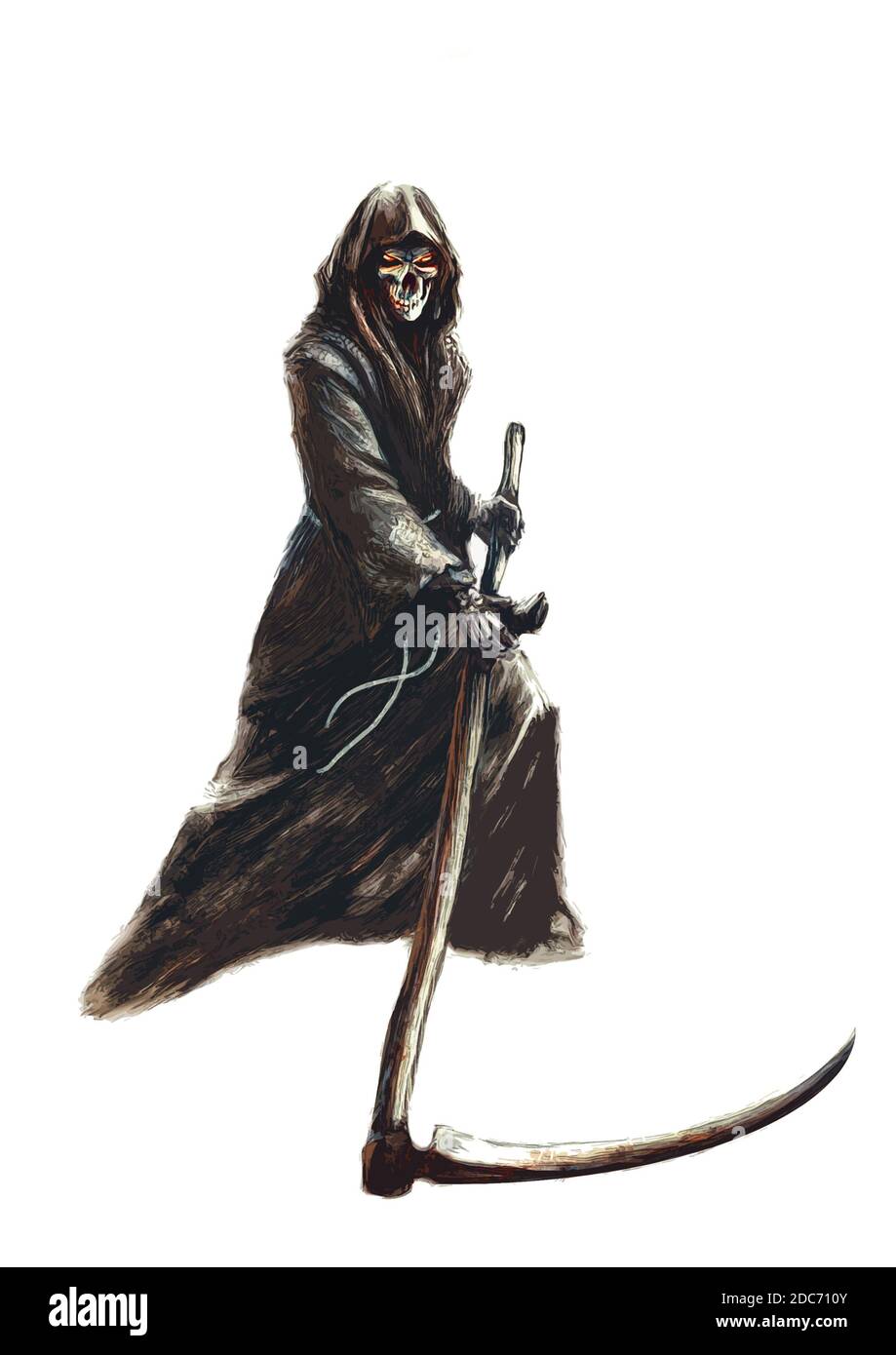sombre reaper dans un capot avec un scythe, sur un fond blanc - illustration fantaisie, personnage fictif Banque D'Images
