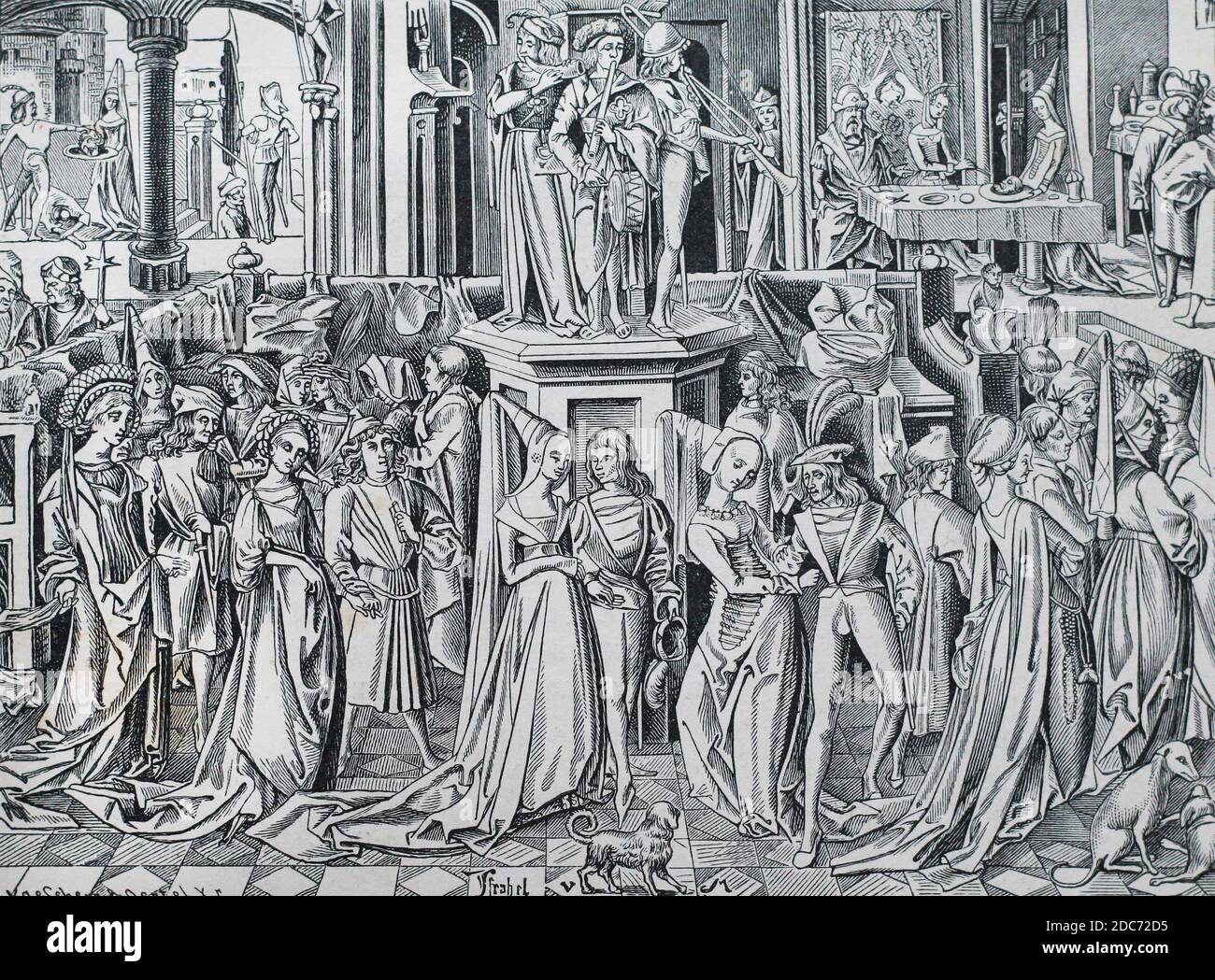 Costumes européens du XVe siècle. Le dessin représente la fête de Hérode. Banque D'Images