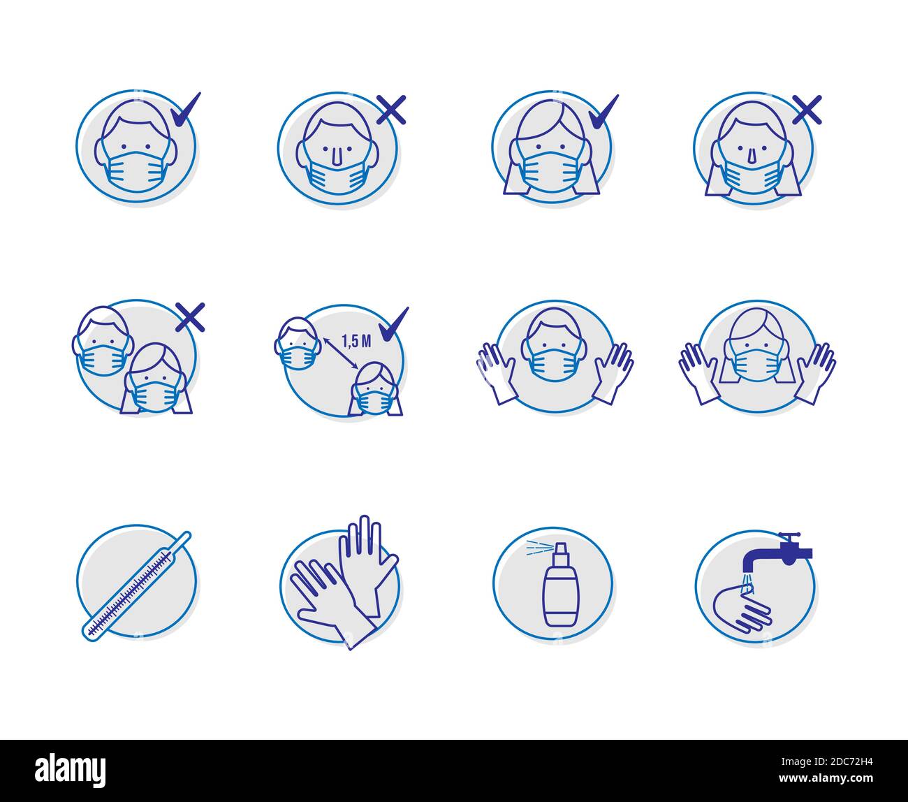 Un ensemble simple d'icônes linéaires vectorielles associées aux instructions d'innocuité pendant une pandémie de coronavirus. Illustration de Vecteur