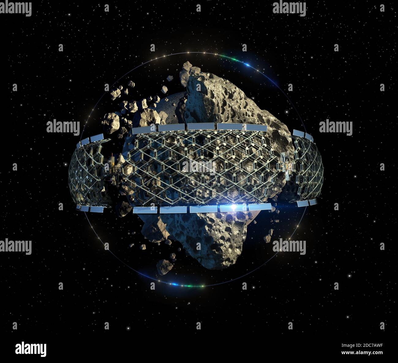 3D Illustration d'une colonie spatiale d'exploitation d'astéroïdes avec une architecture en nid d'abeille megastructure, pour les fonds d'exploration spatiale Banque D'Images