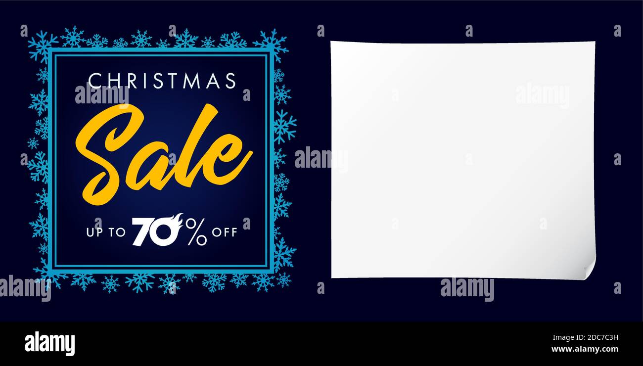 Solde de Noël élégant jusqu'à 70 % de rabais sur les affiches bleues. Modèle de motif solde de Noël avec texte jusqu'à 70 % de réduction sur le cadre en flocons de neige sur un bg bleu marine Illustration de Vecteur