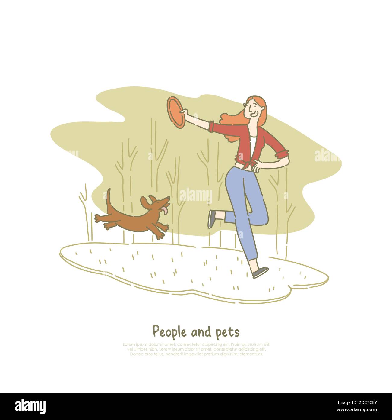 Femme jouant avec le chien de dachshund, fille jetant le jouet pour chiot, animal et propriétaire courant, marchant dans le modèle de bannière de parc. L'amitié humaine et animale con Illustration de Vecteur