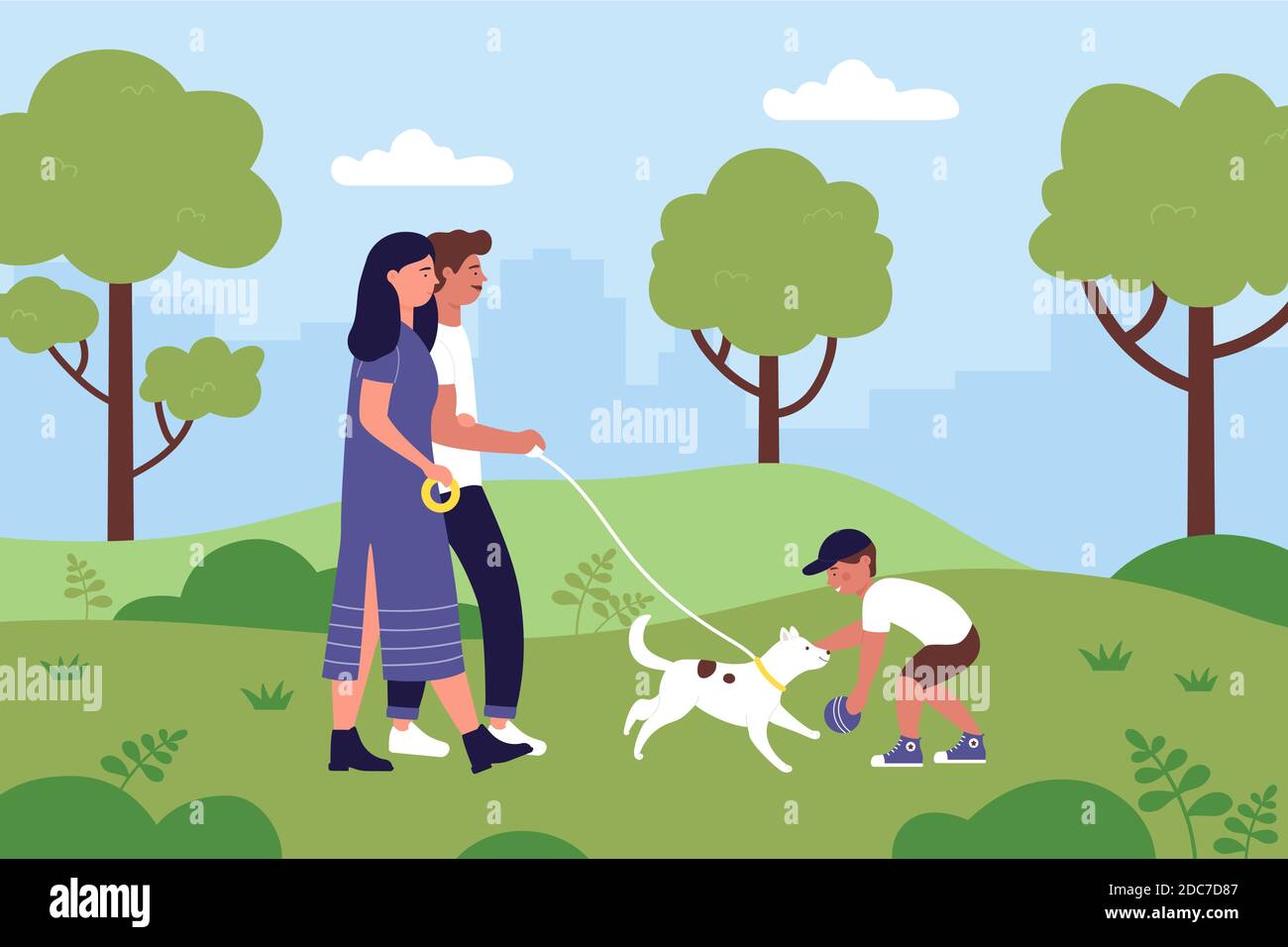 Les familles marchent avec leur chien dans le paysage du parc de la ville en été. Les propriétaires de dessins animés mère père et fils personnages marchant avec leur propre animal de compagnie, garçon enfant jouant avec le fond de chien Illustration de Vecteur Les familles marchent avec leur chien dans le paysage du parc de la ville en été. Les propriétaires de dessins animés mère père et fils personnages marchant avec leur propre animal de compagnie, garçon enfant jouant avec le fond de chien Illustration de Vecteur