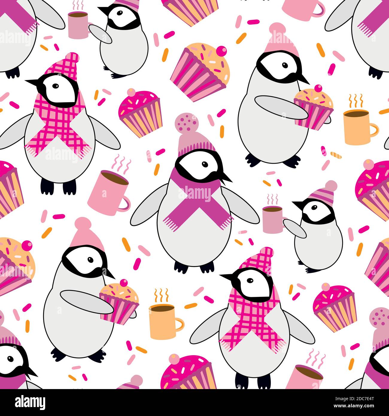 Joli Kawaii Pingouin Bebe Vecteur Sans Couture Motif Arriere Plan Poussins D Empereur De Bande Dessinee Parsemee De Chapeaux Roses Foulards Mugs Cupcakes Sur Blanc Image Vectorielle Stock Alamy