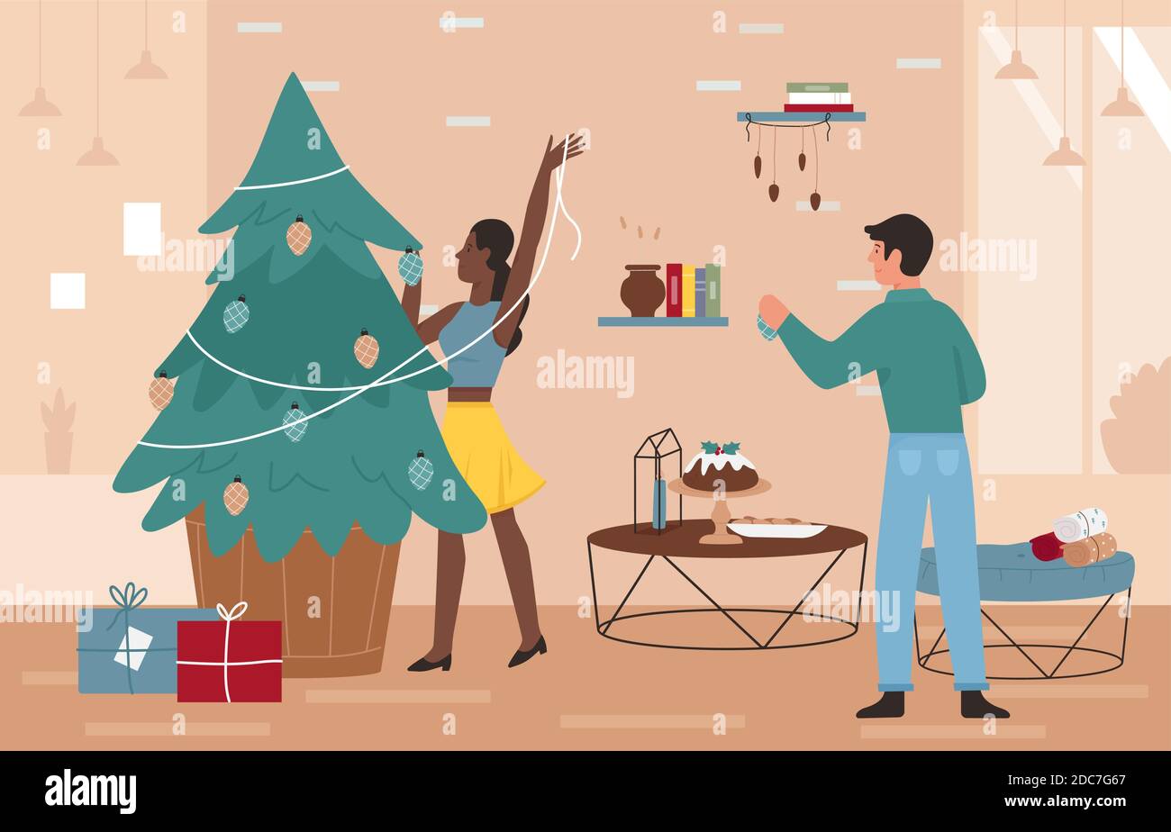 Couple heureux personnes décorent l'illustration vectorielle arbre de Noël. Caricature homme femme famille personnages décorant arbre de Noël pour Joyeux Noël fête à la maison, célébrant le fond de la Saint-Sylvestre Illustration de Vecteur