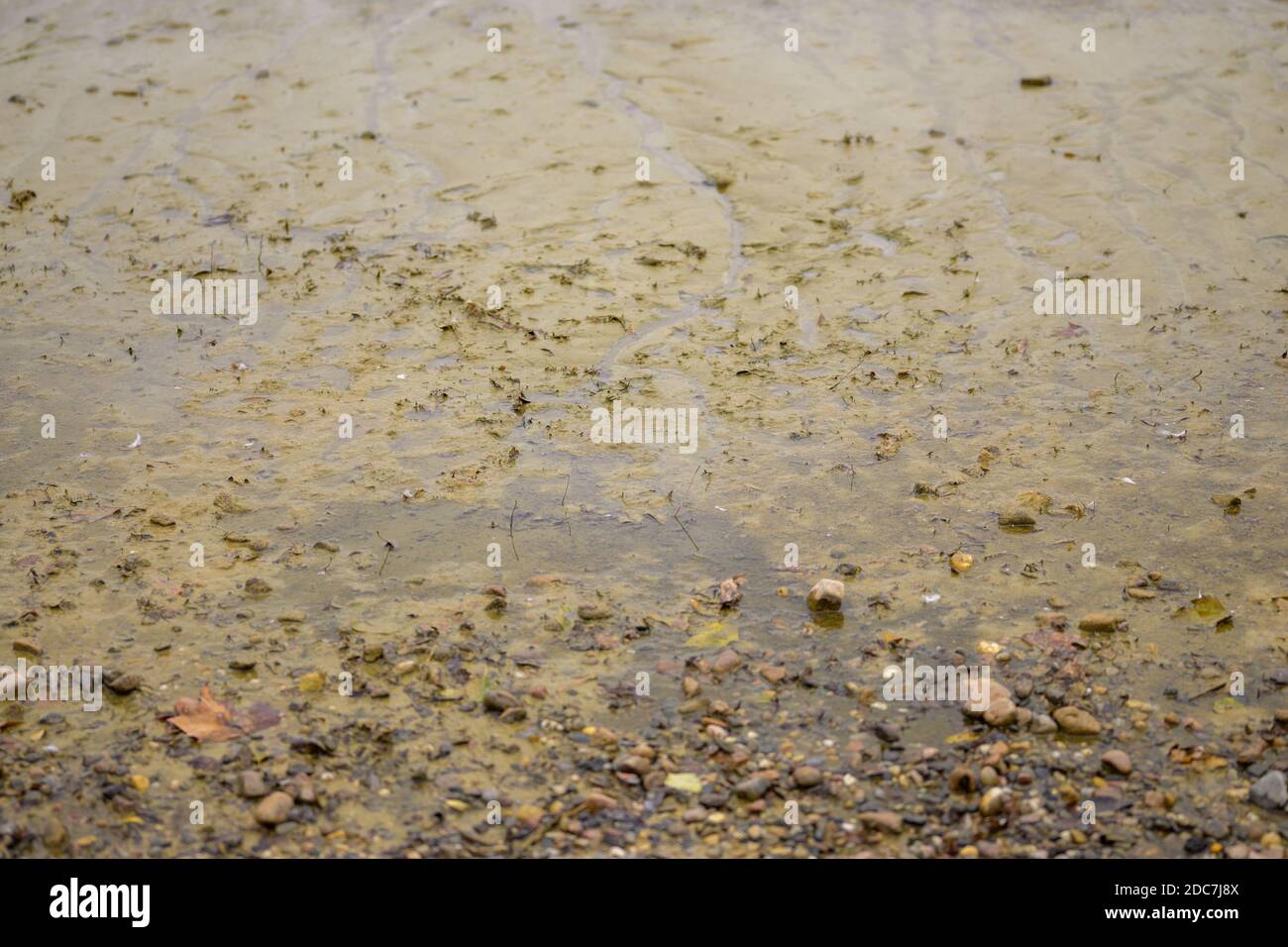 Texture d'arrière-plan de sable humide et petits cailloux sur un vue panoramique sur le lac ou la mer Banque D'Images