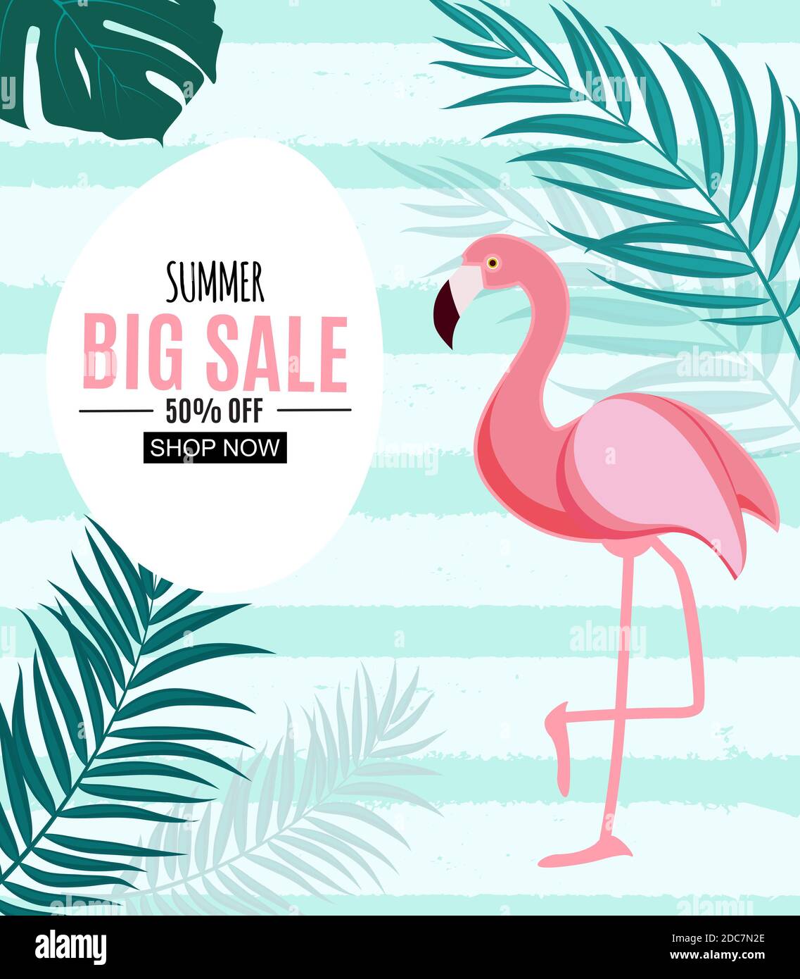 Solde d'été bannière abstraite arrière-plan avec des feuilles de Flamingo et de palmier Illustration Banque D'Images