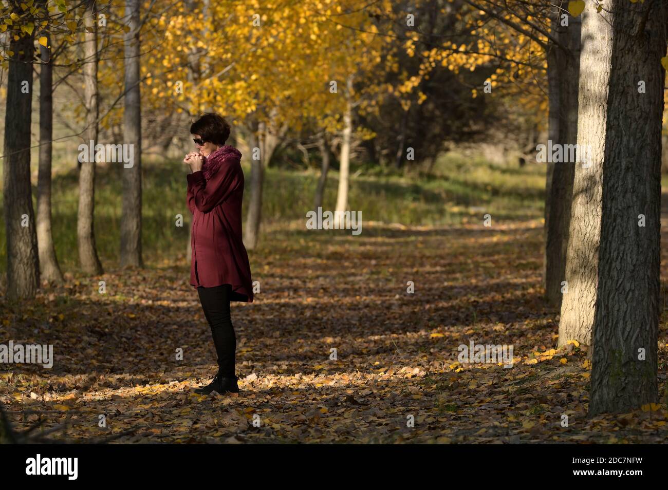 Portrait d'une femme priant dans la forêt d'automne Banque D'Images