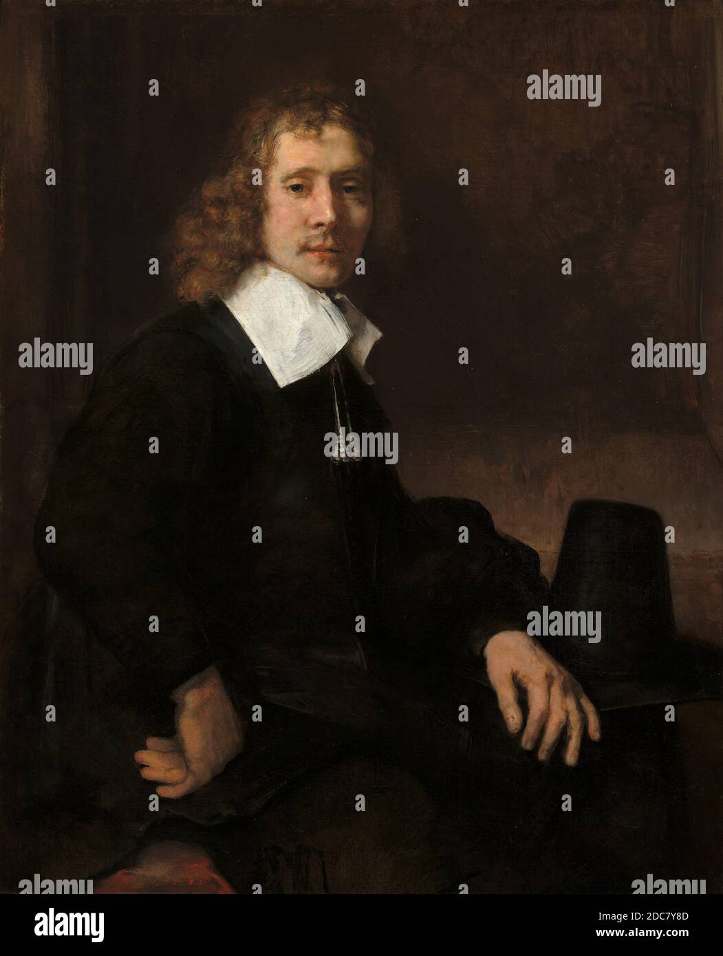 Rembrandt van Rijn, (artiste), néerlandais, 1606 - 1669, UN jeune homme assis à une table (éventuellement Govaert Flinck), c. 1660, huile sur toile, hors tout : 109.9 x 89.5 cm (43 1/4 x 35 1/4 po.), encadré : 149.2 x 131.1 x 17.8 cm (58 3/4 x 51 5/8 x 7 po), après avoir appris les fondamentaux du dessin et de la peinture dans son Leiden natif, Rembrandt van Rijn s'est rendu à Amsterdam en 1624 pour étudier pendant six mois avec Pieter Lastman (1583–1633), un célèbre peintre d'histoire. À la fin de son entraînement, Rembrandt est retourné à Leiden Banque D'Images