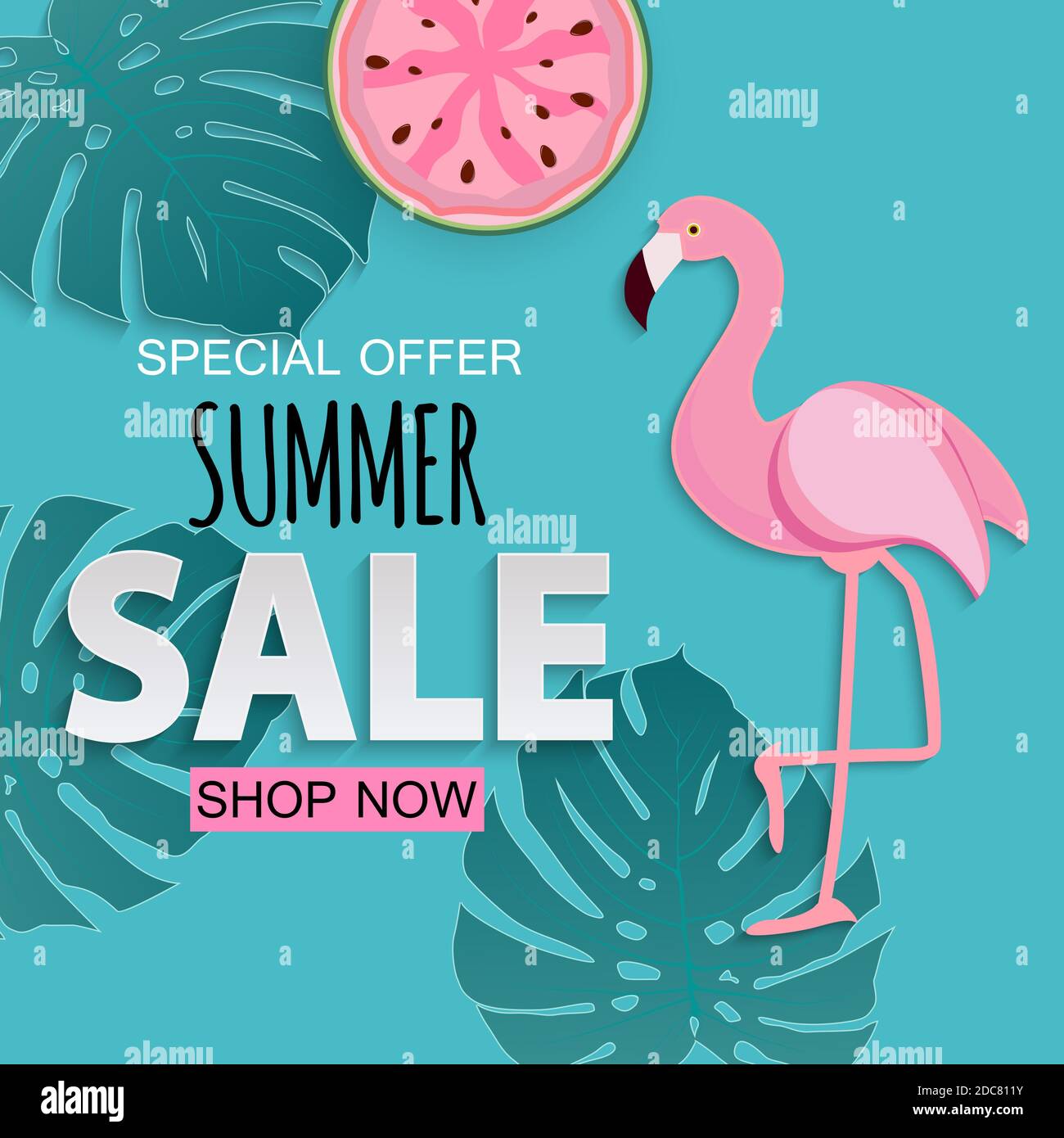 Résumé solde d'été tropical avec Flamingo et feuilles. Illustration Banque D'Images