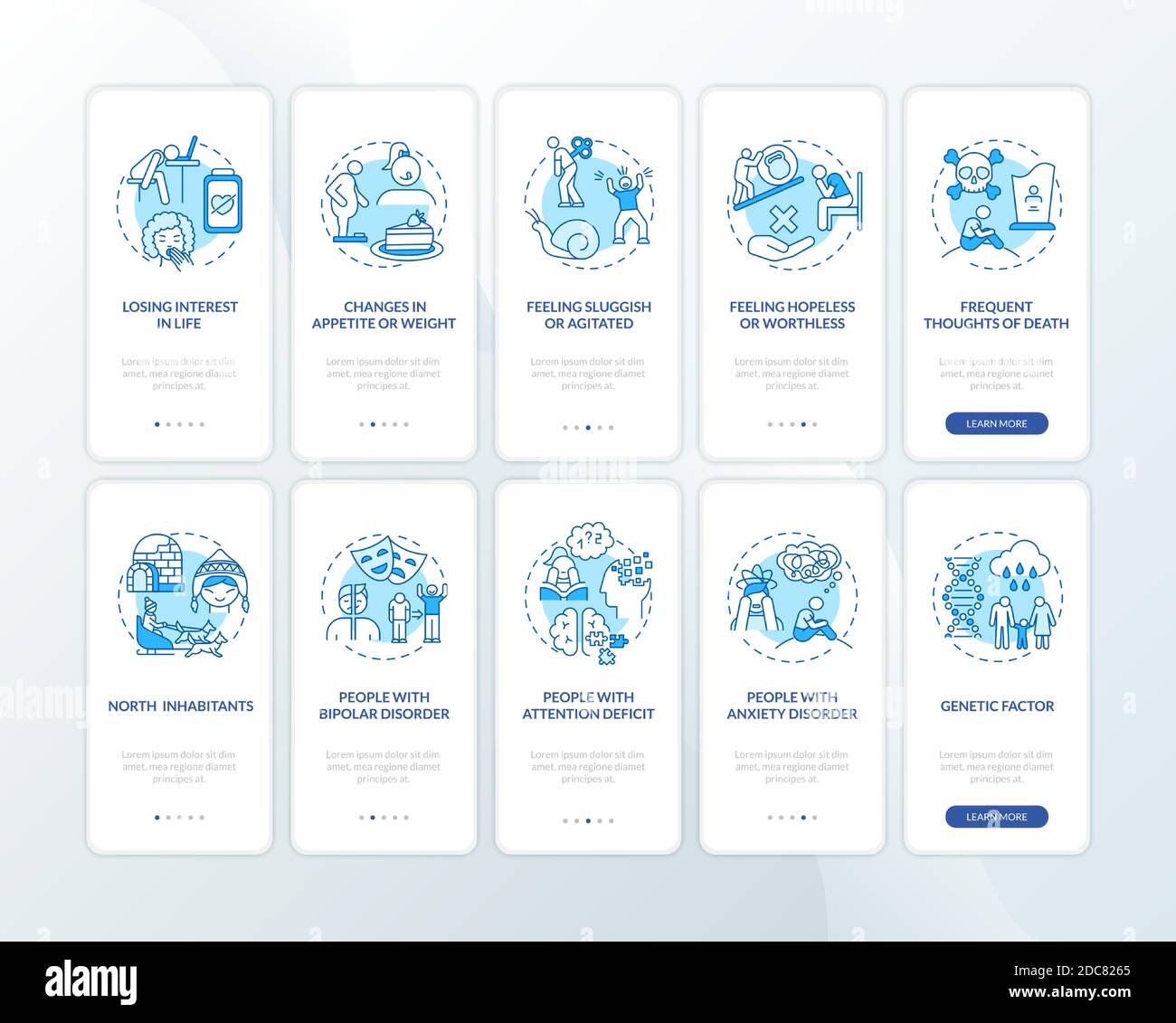 Symptômes du blues hivernal intégration de l'écran de la page de l'application mobile avec des concepts définir Illustration de Vecteur