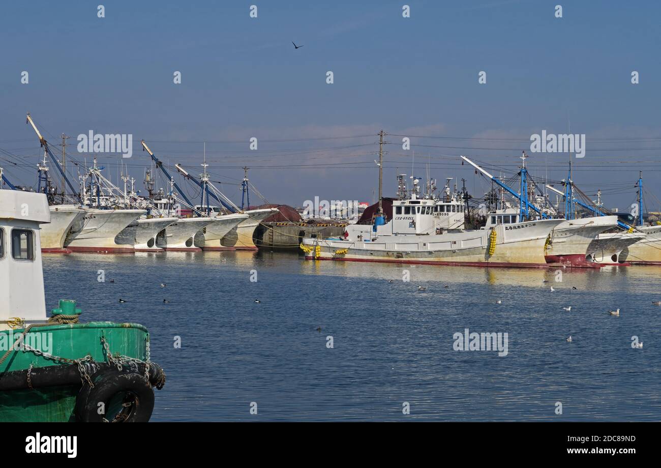 Les bateaux de pêche amarrés au port Choshi, préfecture de Chiba, Japon Février Banque D'Images